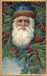 Santa Claus in Blue Hat with Fur Trim, Holly Leaves & Berries, A Merry Christmas Postcard