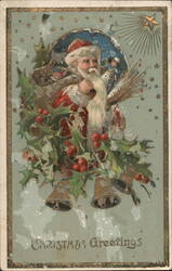 Old World Santa Claus with Bells & Holly Christmas Greetings Postcard