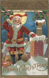Santa Claus on Snowy Rooftop with Chimney, Merry Christmas Poem Postcard