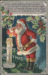 Santa Claus Lighting Pipe with Candle, A Merry Christmas Poem Postcard