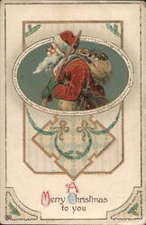 Santa Claus with Sack of Toys, Merry Christmas Greeting Postcard