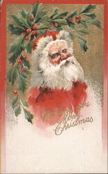 Santa Claus with Holly & Berries, Wishing You a Merry Christmas 1910 Postcard
