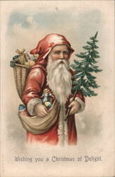 Father Christmas with Gifts and Evergreen Tree, Wishing You a Christmas of Delight Postcard