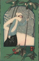 Woman in Snowy Winter Scene, Mistletoe & Holly Christmas Greeting Postcard