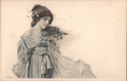 Elegant Woman with Mistletoe and Stars by R. Auer Postcard