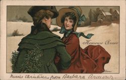 Women in Winter Attire with Mistletoe, Heureuse Année Greeting Postcard