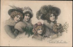 Fröhliche Weihnachten! Women, Child & Dog in Winter Attire Postcard