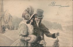 Happy New Year Couple in Winter Landscape with Church Postcard