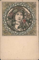 Art Nouveau Woman with Roses, Artist Signed Bosa Postcard
