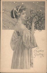 Art Nouveau Woman with Mistletoe, A Christmas Greeting Postcard