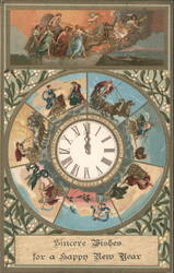 Sincere Wishes for a Happy New Year, Allegorical Clock with Days of the Week Postcard
