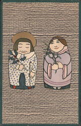 Stylized Figures with Holly and Green Sprig, Folk Art Style Postcard