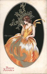 Bonne Année Woman in Orange Dress with Mistletoe, Art Nouveau Style Postcard