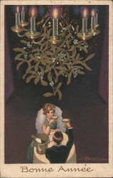 Couple Toasting Under Mistletoe Chandelier, 'Bonne Année' New Year's Greeting Postcard