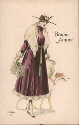 Bonne Année Woman in Fur Coat with Borzoi Dog and Mistletoe Illustration Postcard