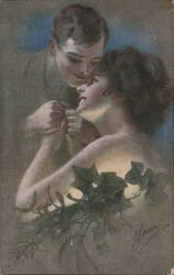 L'IDEALE Romantic Couple with Mistletoe by H. Werner Postcard