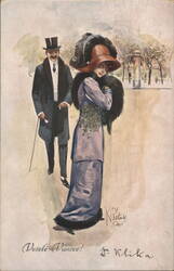 Elegant Couple in Winter Park, Merry Christmas Prague 1911 by K. Rélinka Postcard