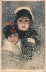 Children in Sailor Hats with Mistletoe in Snow by Mauzan Postcard