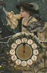 Elegant Woman with Flowers and Midnight Clock for New Year's Eve by Biral Postcard