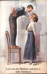 Man on Chair Kissing Woman Under Mistletoe, Jolly Christmas Greeting Postcard