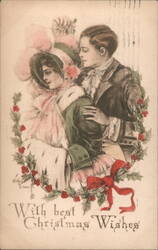 Couple Embraced in Holly Wreath, With Best Christmas Wishes, Hathaway Postcard