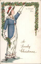 Woman in Blue Coat with Mistletoe Garland, A Lovely Christmas Postcard