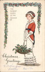 Woman with Holly Basket and Christmas Greetings Postcard