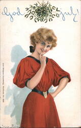Smiling Woman in Red Dress with Mistletoe, 'God jul!' Postcard