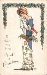 Elegant Woman in Hat with Mistletoe Basket, Christmas Greeting Postcard