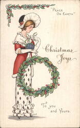 Christmas Joys Woman with Wreath and Mistletoe, Peace On Earth Greeting Postcard