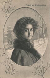 Fröhliche Weihnachten Young Woman in Winter Scene with Mistletoe Postcard