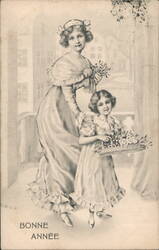 Bonne Année Woman and Girl with Flowers, Ruffled Dresses Postcard