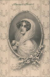 Heureuse Année! Beautiful Lady in Veil with Roses and Holly Postcard