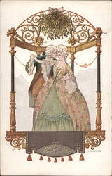 18th Century Couple Kissing Under Mistletoe in Ornate Archway by Aug. Patek Postcard