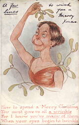 Comic Woman Caricature with Mistletoe, Merry Christmas Greeting Postcard