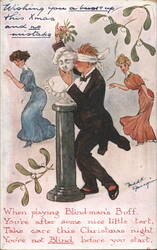 Christmas Blind-man's Buff, Man Kisses Bust Under Mistletoe Postcard