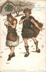 A Time-Honoured Custom Prehistoric Caveman Couple with Mistletoe Postcard