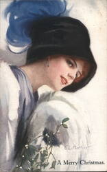 Woman in Black Hat with Blue Feather & Mistletoe, Christmas Greeting Postcard