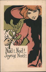 Joyeux Noël Woman in Hat Holding Mistletoe, Art Nouveau Style Postcard