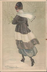 Woman in Winter Coat & Hat with Mistletoe in Falling Snow, Artist S. Rompani Postcard