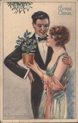 Bonne Année Couple with Holly & Mistletoe Postcard