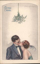 Bonne Année Kissing Couple Under Mistletoe New Year's Greeting Postcard