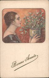 Woman with Mistletoe, Bonne Année New Year's Greeting by L. Poussinot Postcard