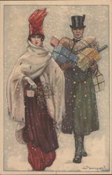 Man & Woman with Gifts in Snow, S. Bompard Art Postcard