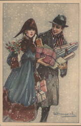 Couple Carrying Christmas Gifts in Snow, S. Brampond Art Postcard