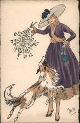 Woman in Fur-Trimmed Coat with Mistletoe and Jumping Collie Postcard