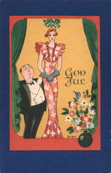 Art Deco Christmas Greeting with Man and Woman under Mistletoe, God Jul Postcard