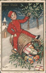 Buon Natale Child in Red Suit with Gifts and Mistletoe Postcard