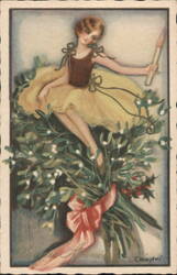 Bonne Année Dancer with Candle, Mistletoe & Holly Postcard