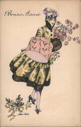Bonne Année Woman in Chef Hat with Roses & Mistletoe by X. Sager Postcard